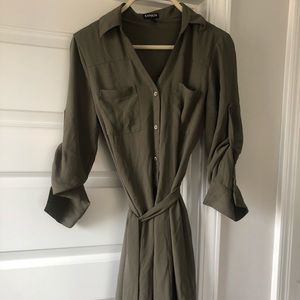 Green Button Down Tie 3/4 Sleeve Midi Dress